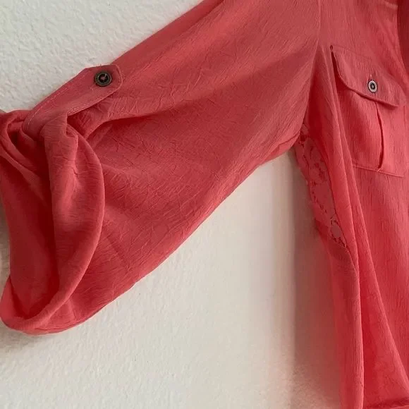 Womens Orange Sheer Tie Front Button Up Lace Back in size Medium - Picture 5 of 7